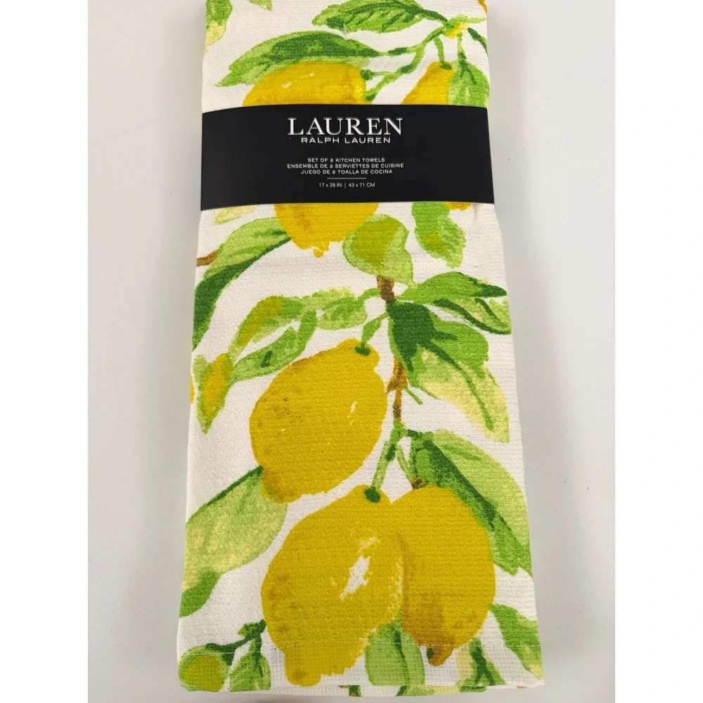Lauren Ralph Lauren Lemon Kitchen Towels Set of 2 Yellow Green Cotton 17x28 NEW